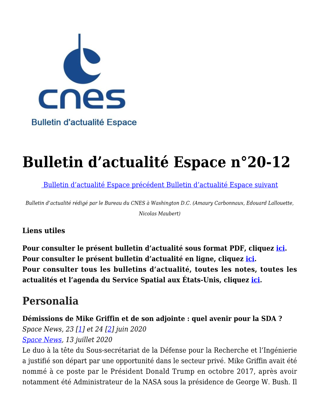 Bulletin D&Rsquo;Actualité Espace N°20-12