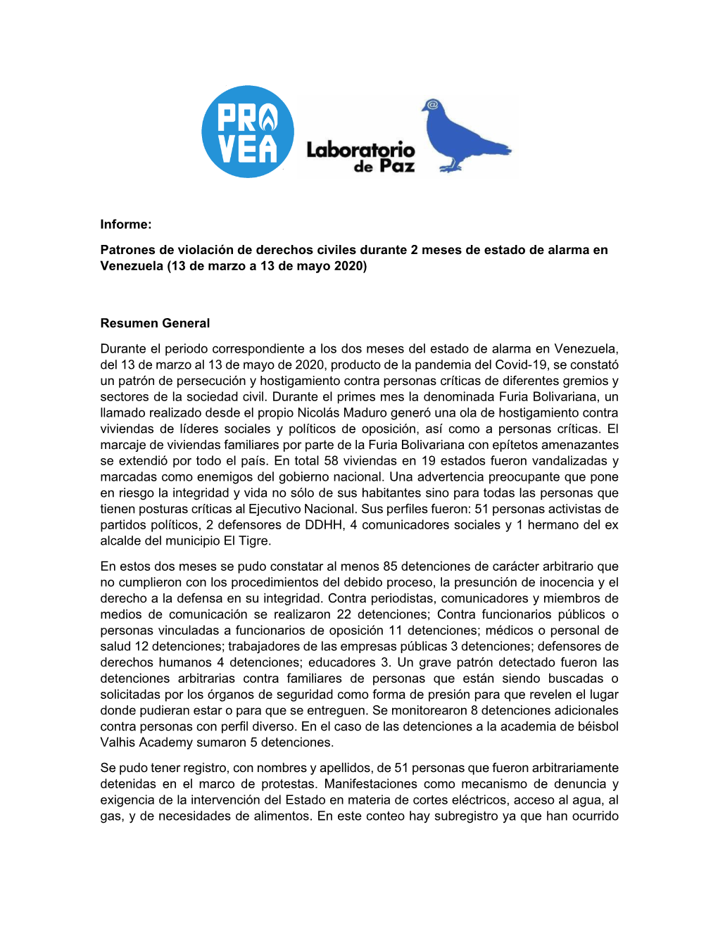 Patrones De Violación De Derechos Civiles Durante 2 Meses De Estado De Alarma En Venezuela (13 De Marzo a 13 De Mayo 2020)