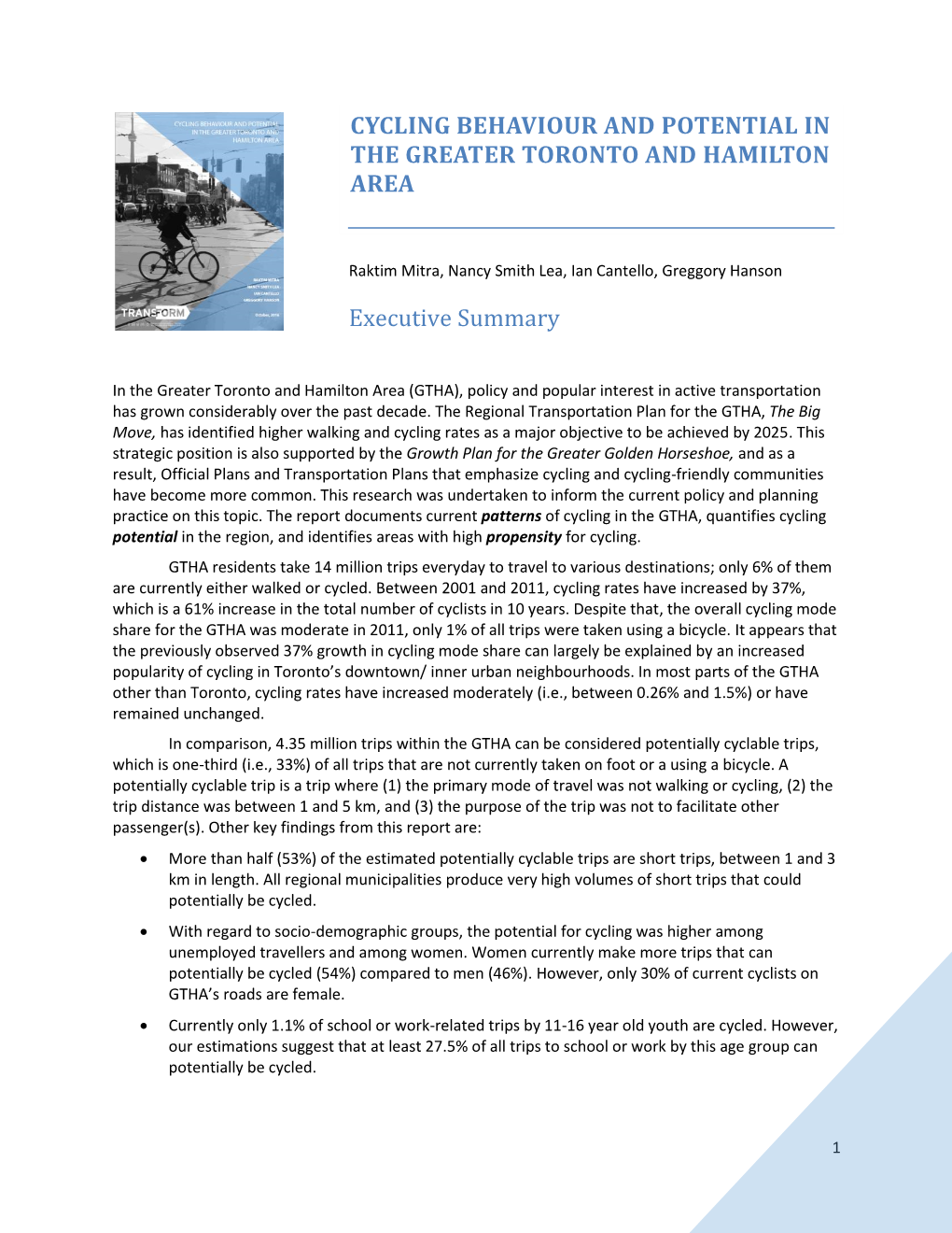 Executive Summary: Cycling Potential in the GTHA