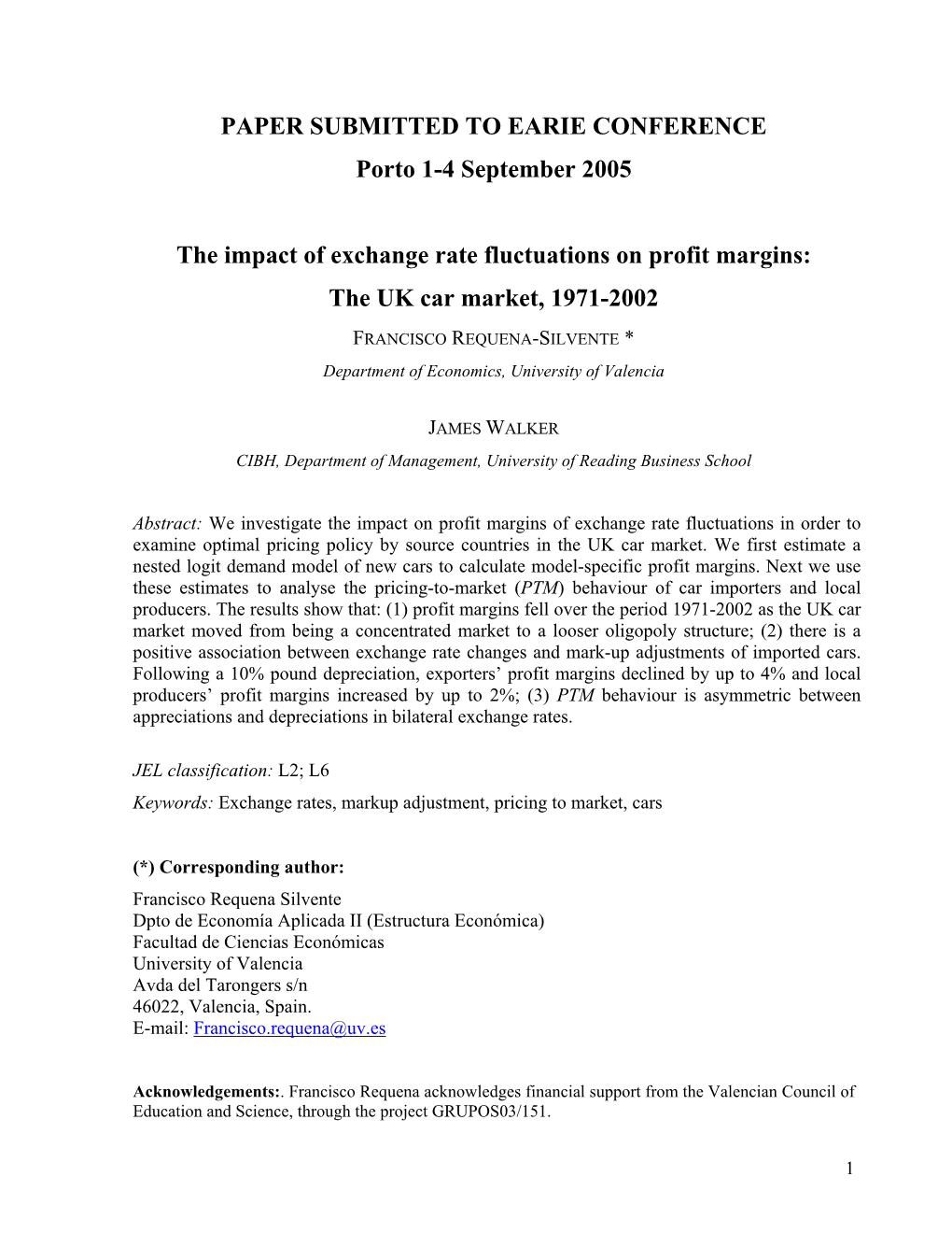The Impact of Exchange Rate Fluctuations on Profit Margins: the UK Car Market, 1971-2002