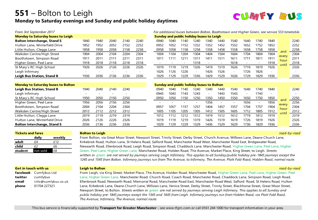 551 – Bolton to Leigh Monday to Saturday Evenings and Sunday and Public Holiday Daytimes