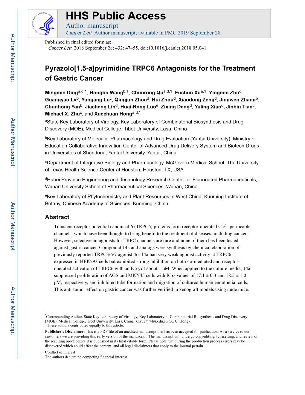 Pyrimidine TRPC6 Antagonists for the Treatment of Gastric Cancer