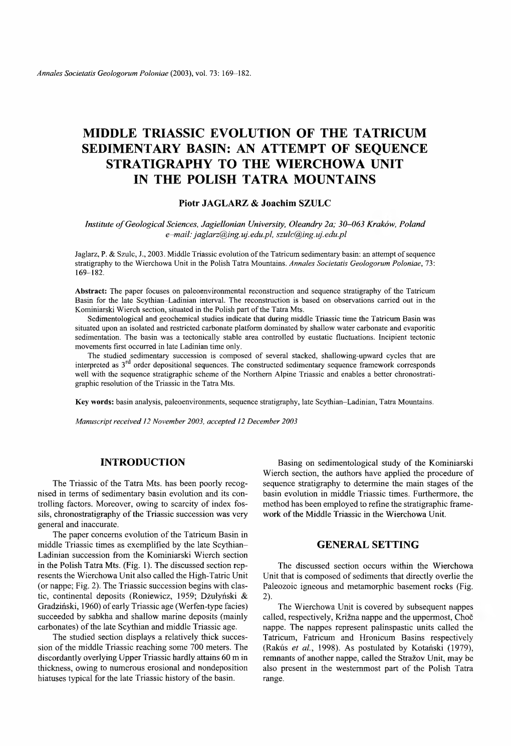 Middle Triassic Evolution of the Tatricum Sedimentary Basin: an Attempt of Sequence Stratigraphy to the Wierchowa Unit in the Polish Tatra Mountains