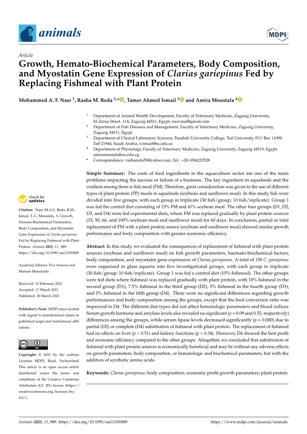 Growth, Hemato-Biochemical Parameters, Body Composition, and Myostatin Gene Expression of Clarias Gariepinus Fed by Replacing Fishmeal with Plant Protein