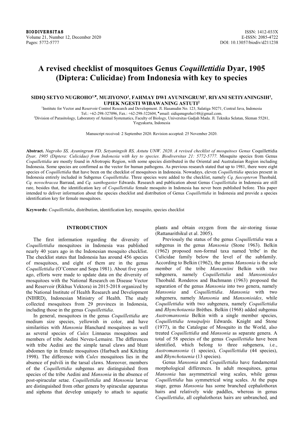 Diptera: Culicidae) from Indonesia with Key to Species