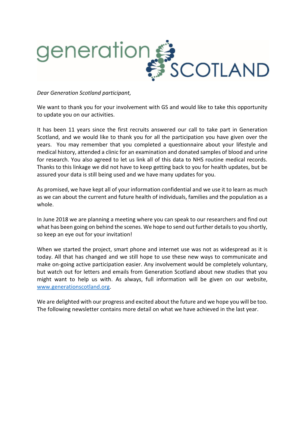 Dear Generation Scotland Participant, We Want to Thank You for Your