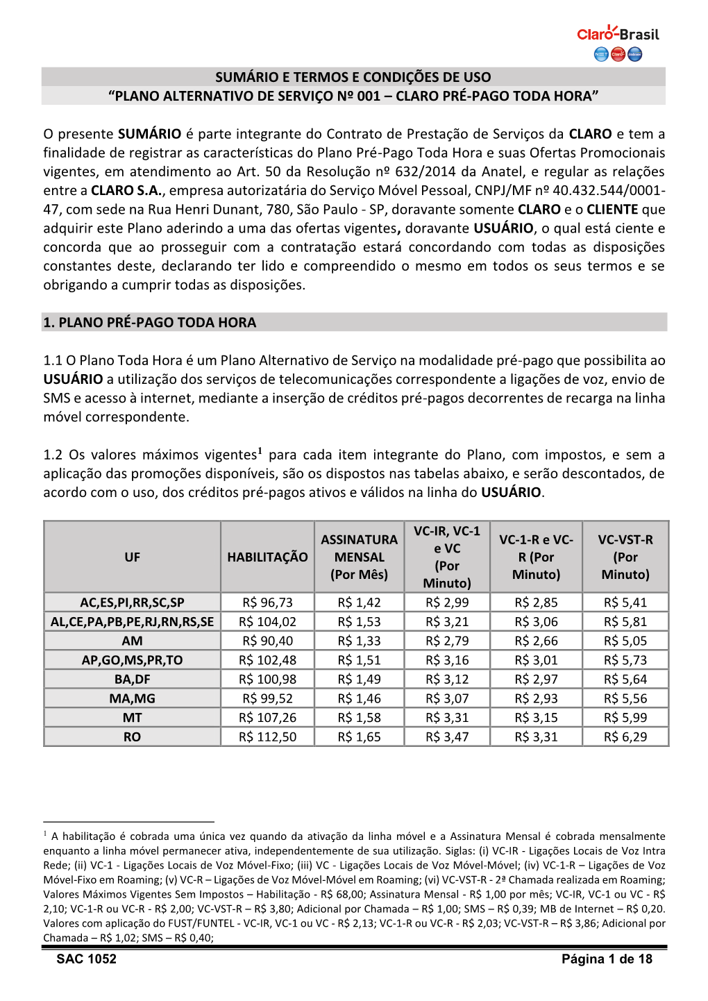 “Plano Alternativo De Serviço Nº 001 – Claro Pré-Pago Toda Hora”