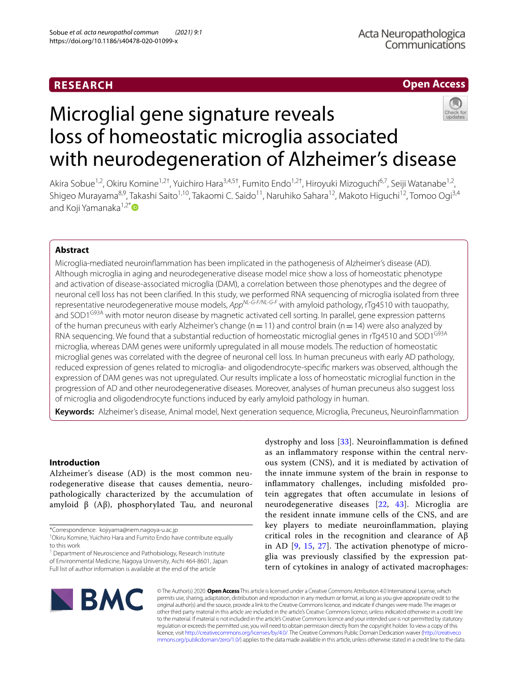 Microglial Gene Signature Reveals Loss of Homeostatic Microglia Associated