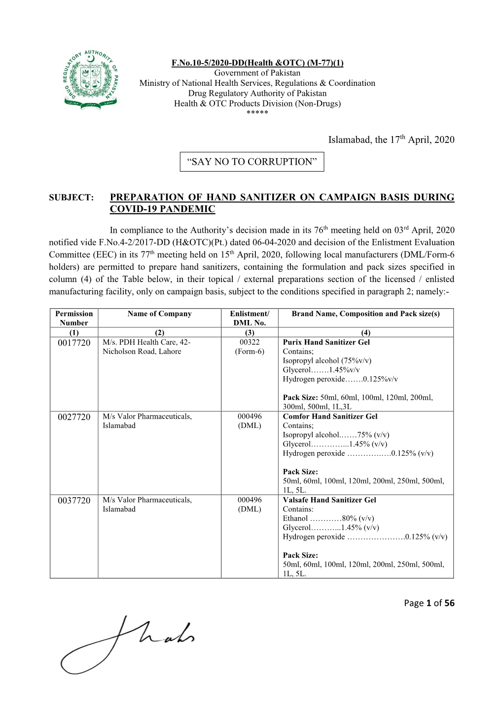 Page 1 of 56 Islamabad, the 17Th April, 2020 PREPARATION of HAND SANITIZER on CAMPAIGN BASIS DURING COVID-19 PANDEMIC