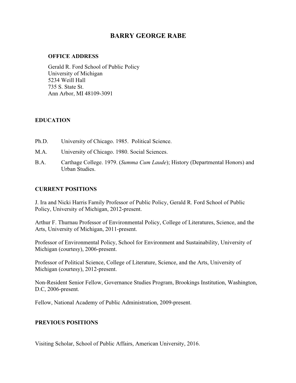 Barry G. Rabe's CV