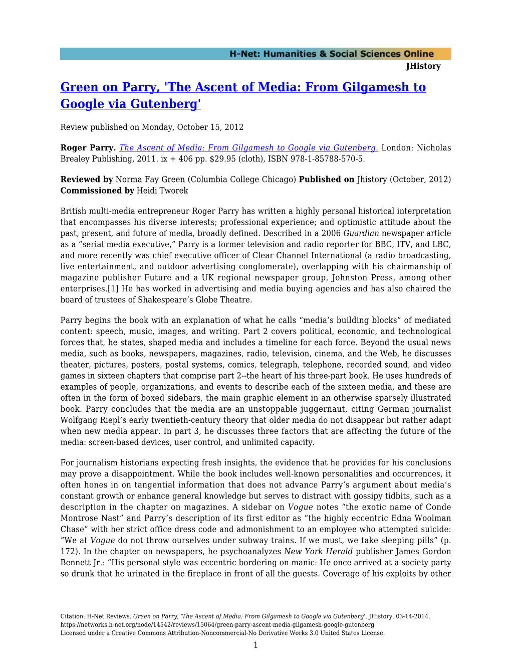 Green on Parry, 'The Ascent of Media: from Gilgamesh to Google Via Gutenberg'