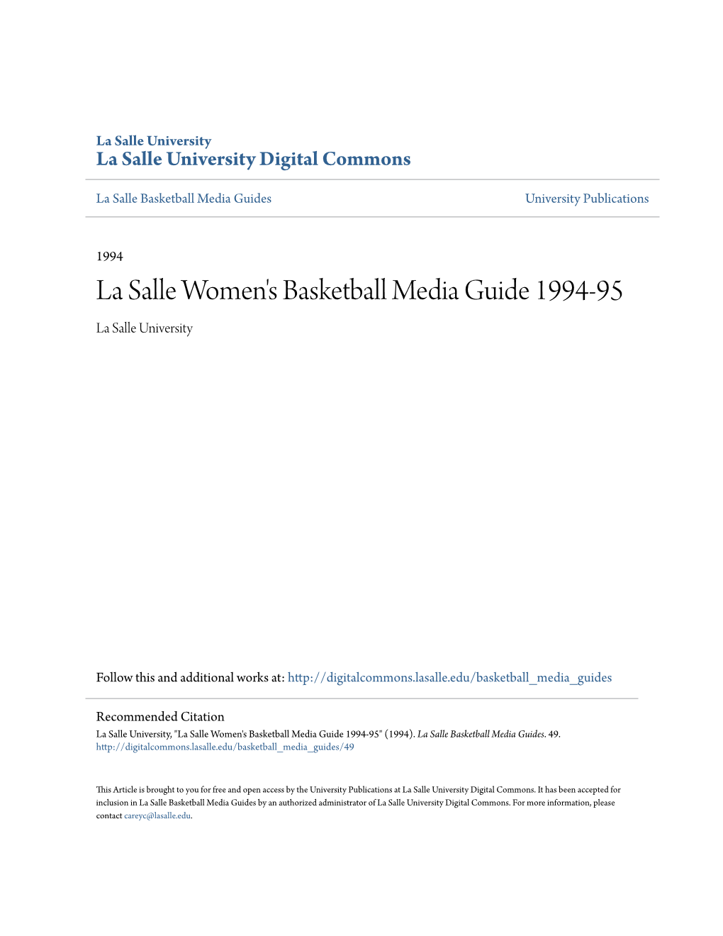 La Salle Women's Basketball Media Guide 1994-95 La Salle University