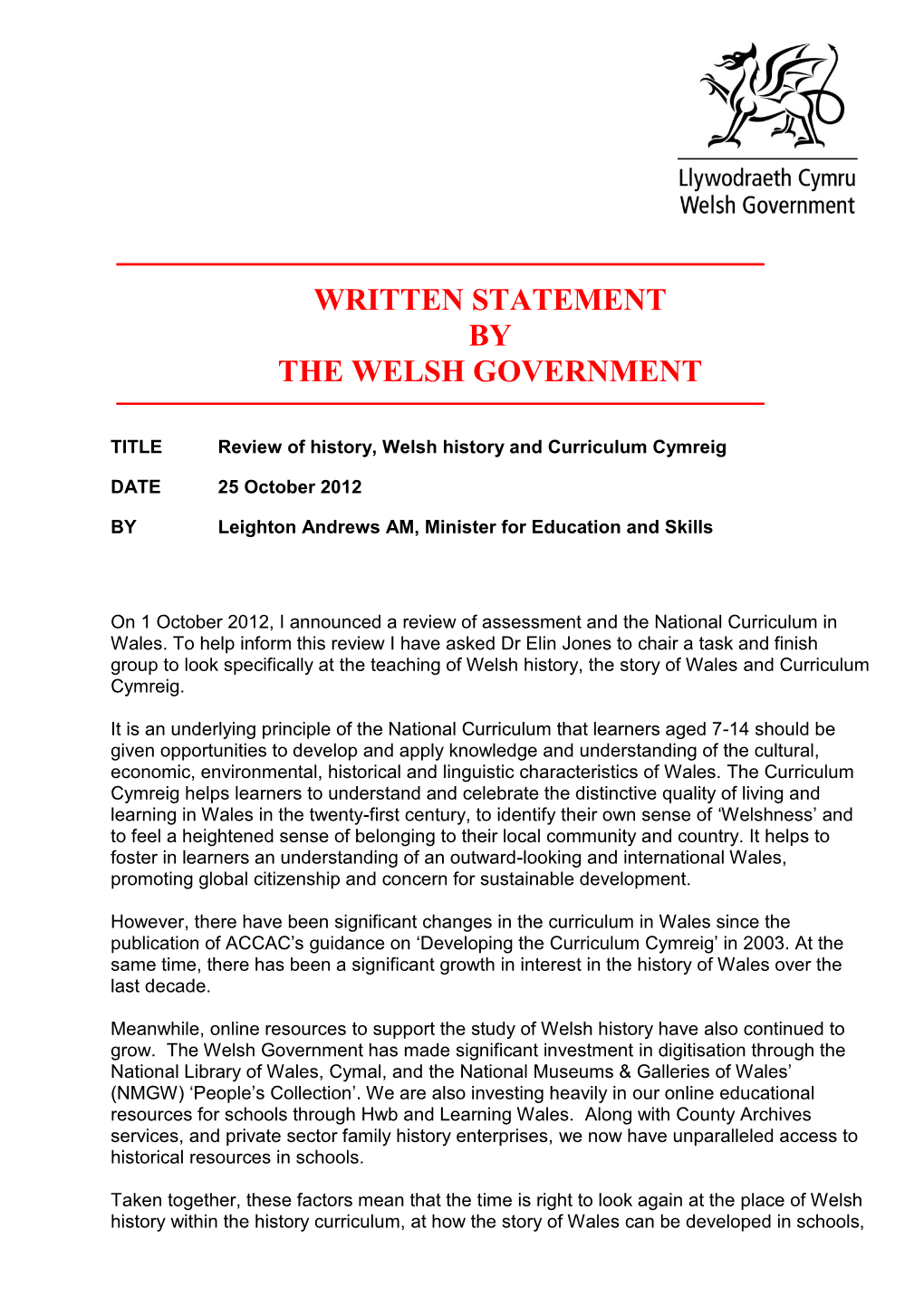 Review of History, Welsh History and Curriculum Cymreig (PDF, 159KB)