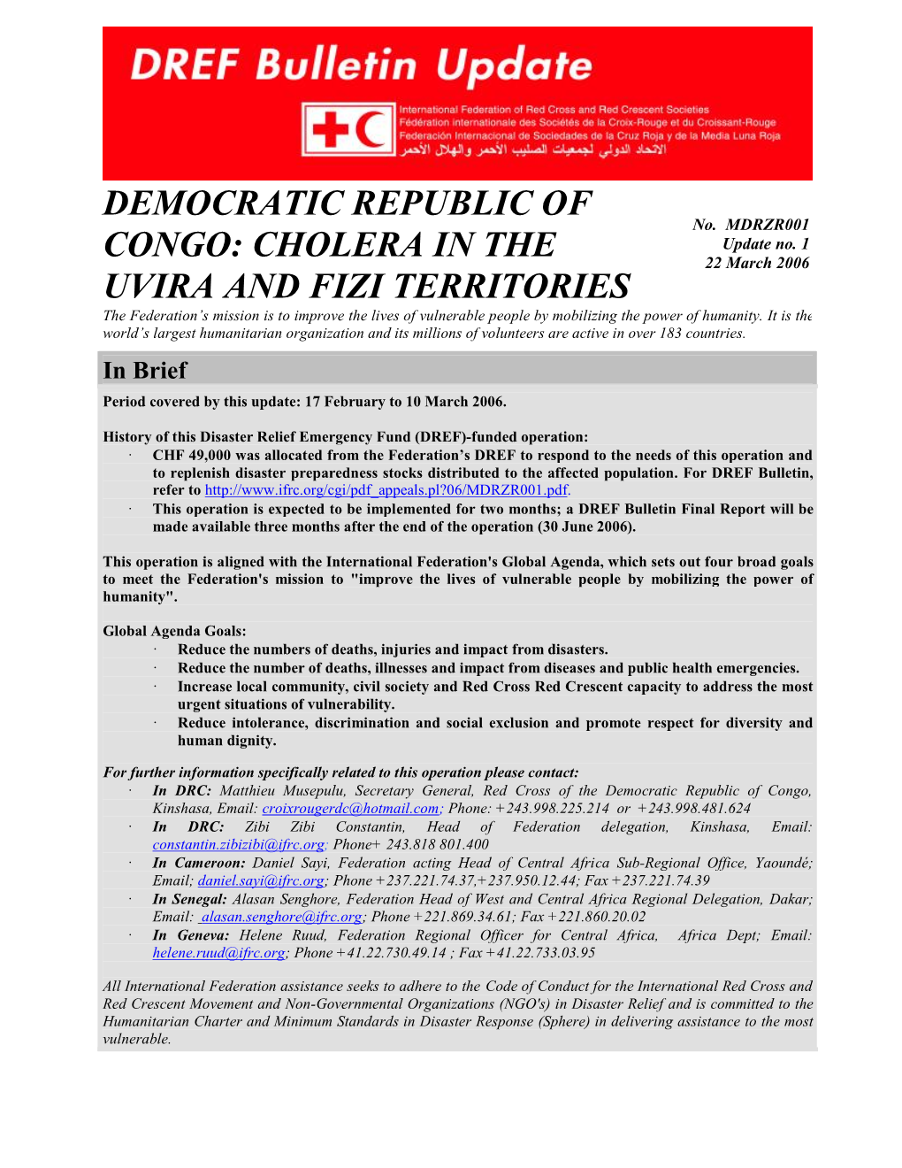 IFRC- Democratic Republic of Congo: Cholera in the Uvira and Fizi