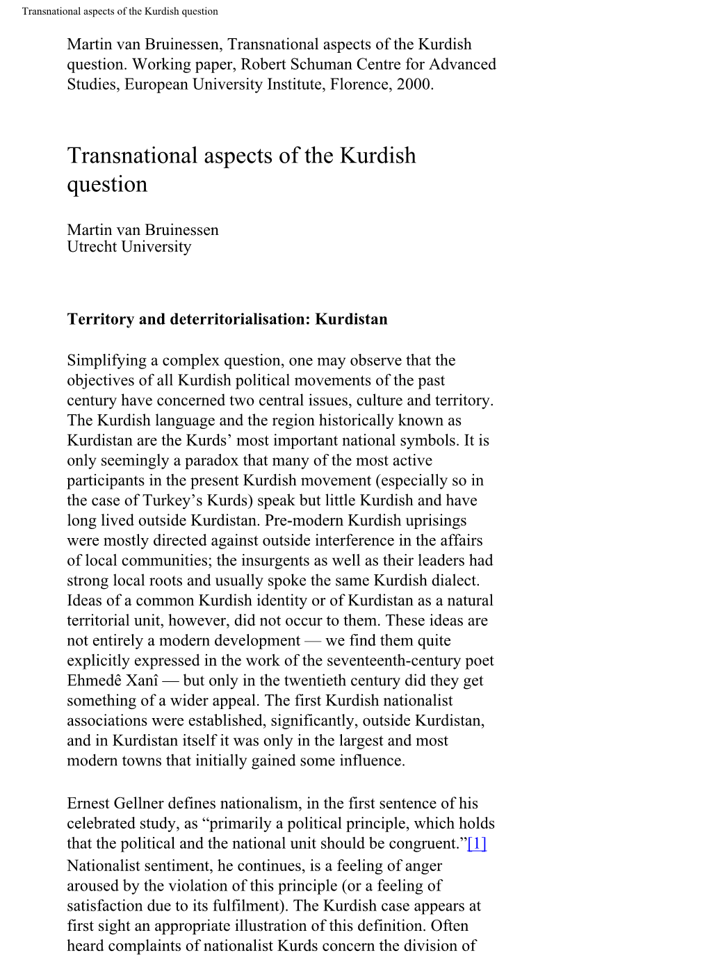 Transnational Aspects of the Kurdish Question