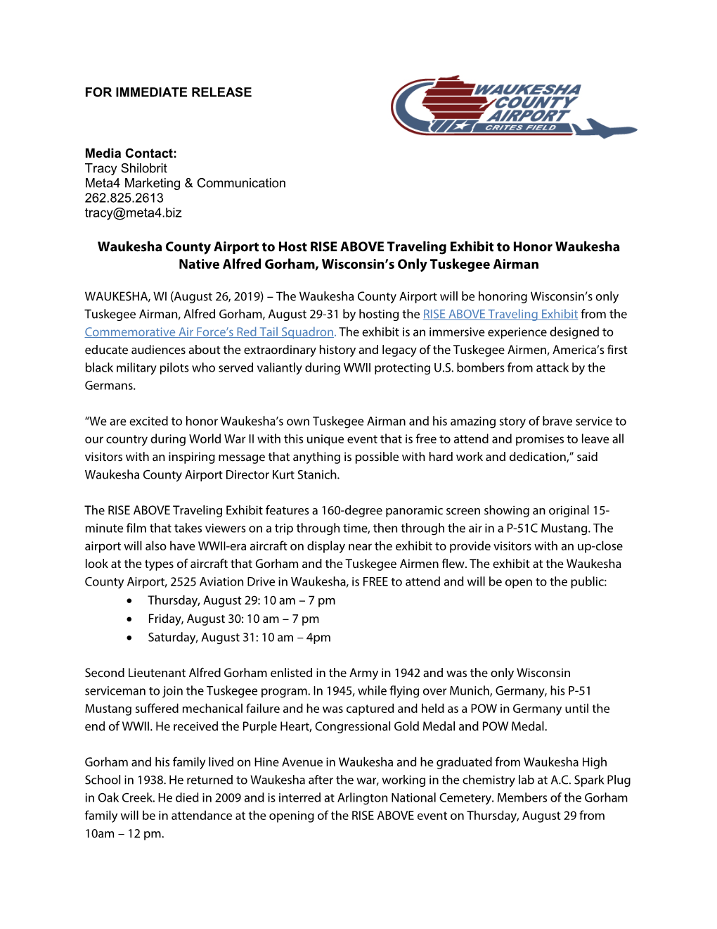 Waukesha County Airport to Host RISE ABOVE Traveling Exhibit to Honor Waukesha Native Alfred Gorham, Wisconsin’S Only Tuskegee Airman