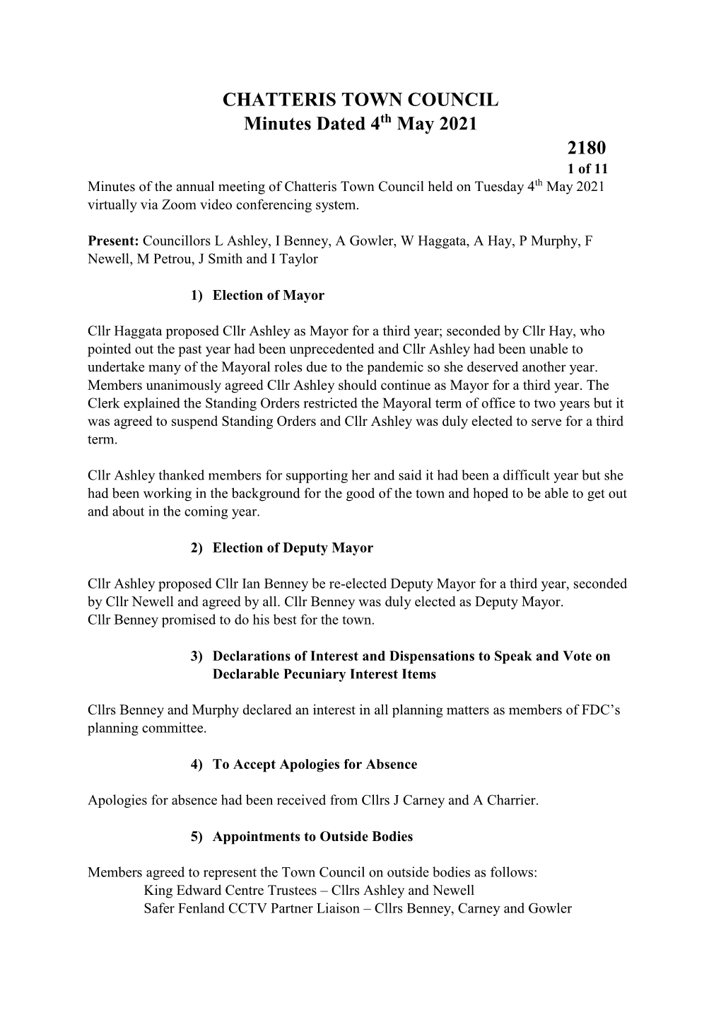 CHATTERIS TOWN COUNCIL Minutes Dated 4Th May 2021 2180