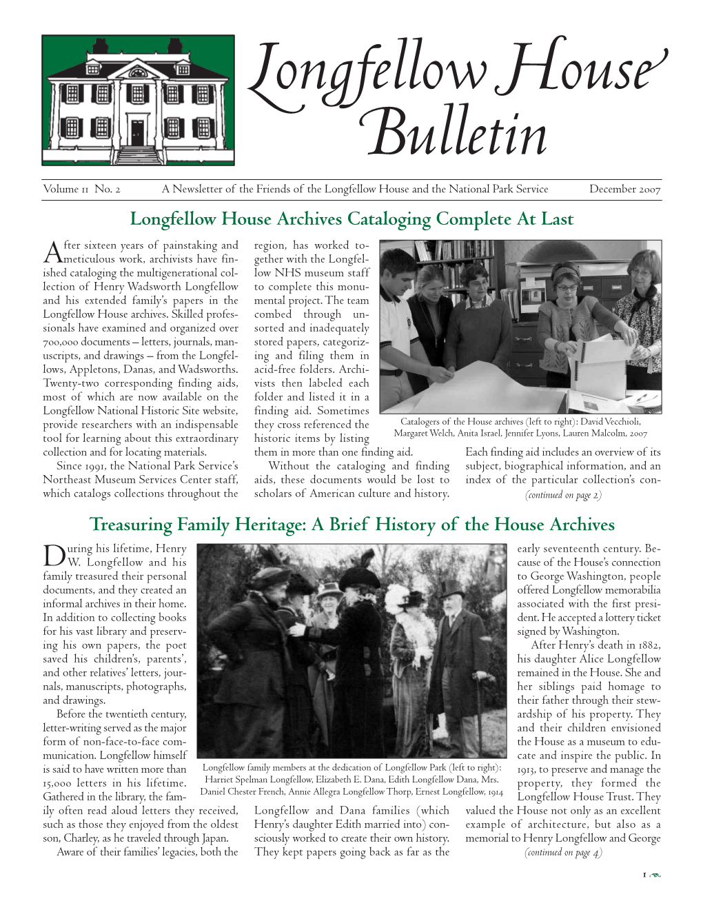 Longfellow House Bulletin, Vol. 11, No. 2, December 2007