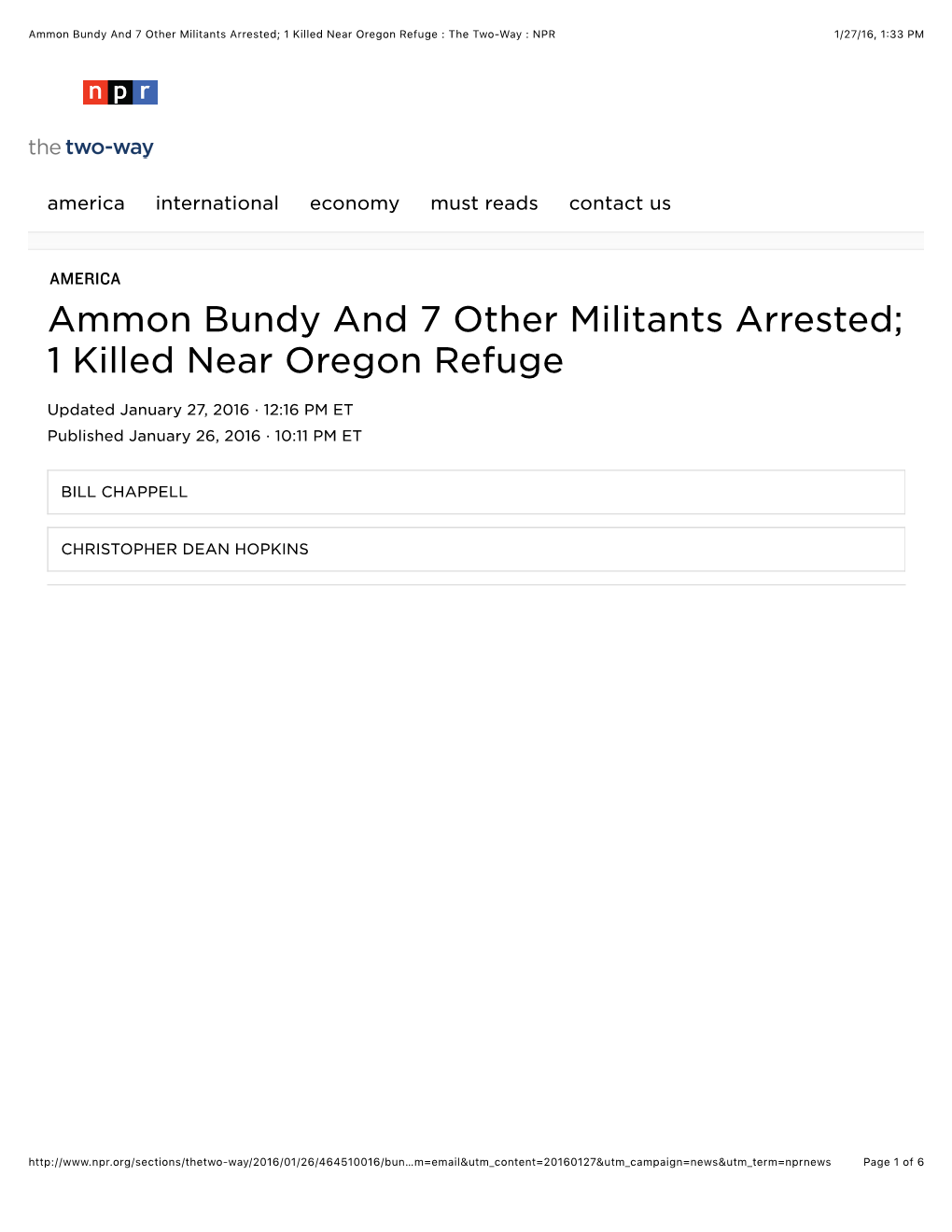 Ammon Bundy and 7 Other Militants Arrested; 1 Killed Near Oregon Refuge : the Two-Way : NPR 1/27/16, 1:33 PM