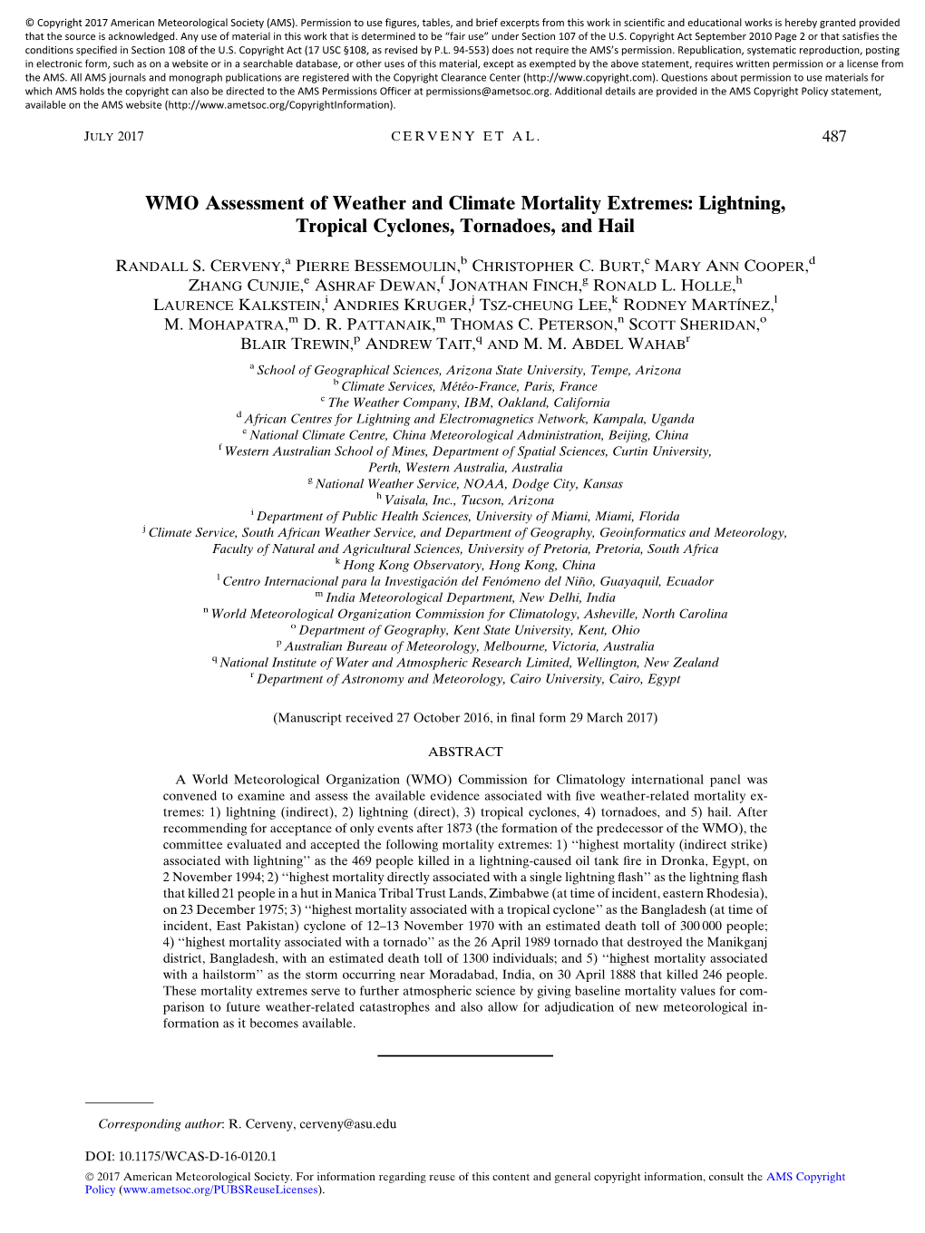 WMO Assessment of Weather and Climate Mortality Extremes: Lightning, Tropical Cyclones, Tornadoes, and Hail