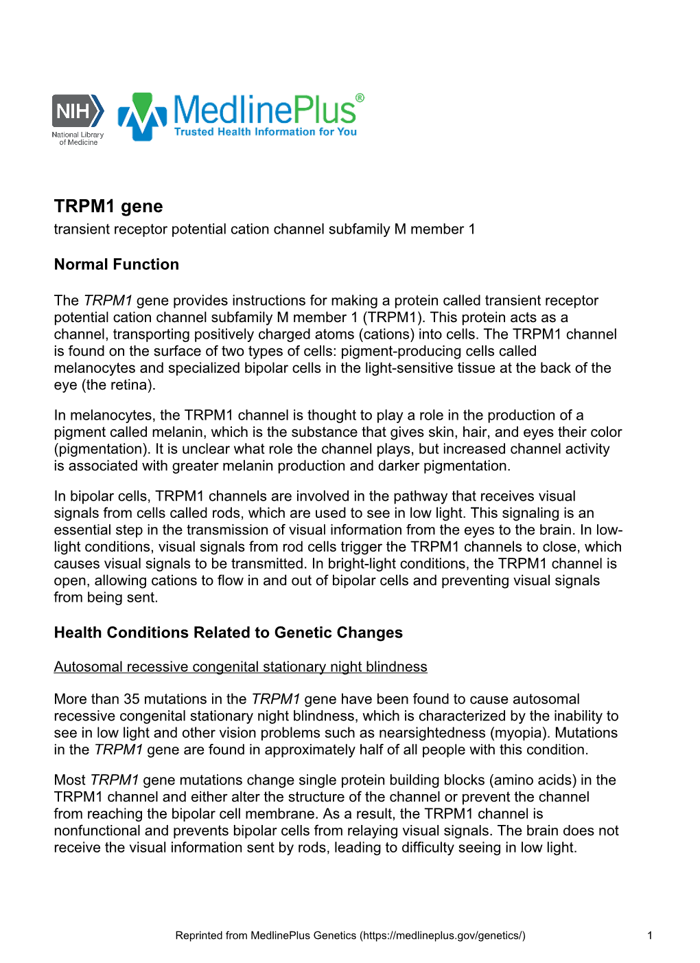 TRPM1 Gene Transient Receptor Potential Cation Channel Subfamily M Member 1