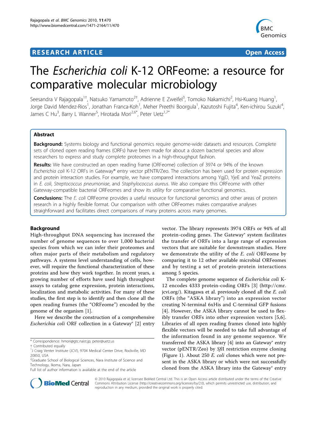 The Escherichia Coli K-12 Orfeome: a Resource for Comparative