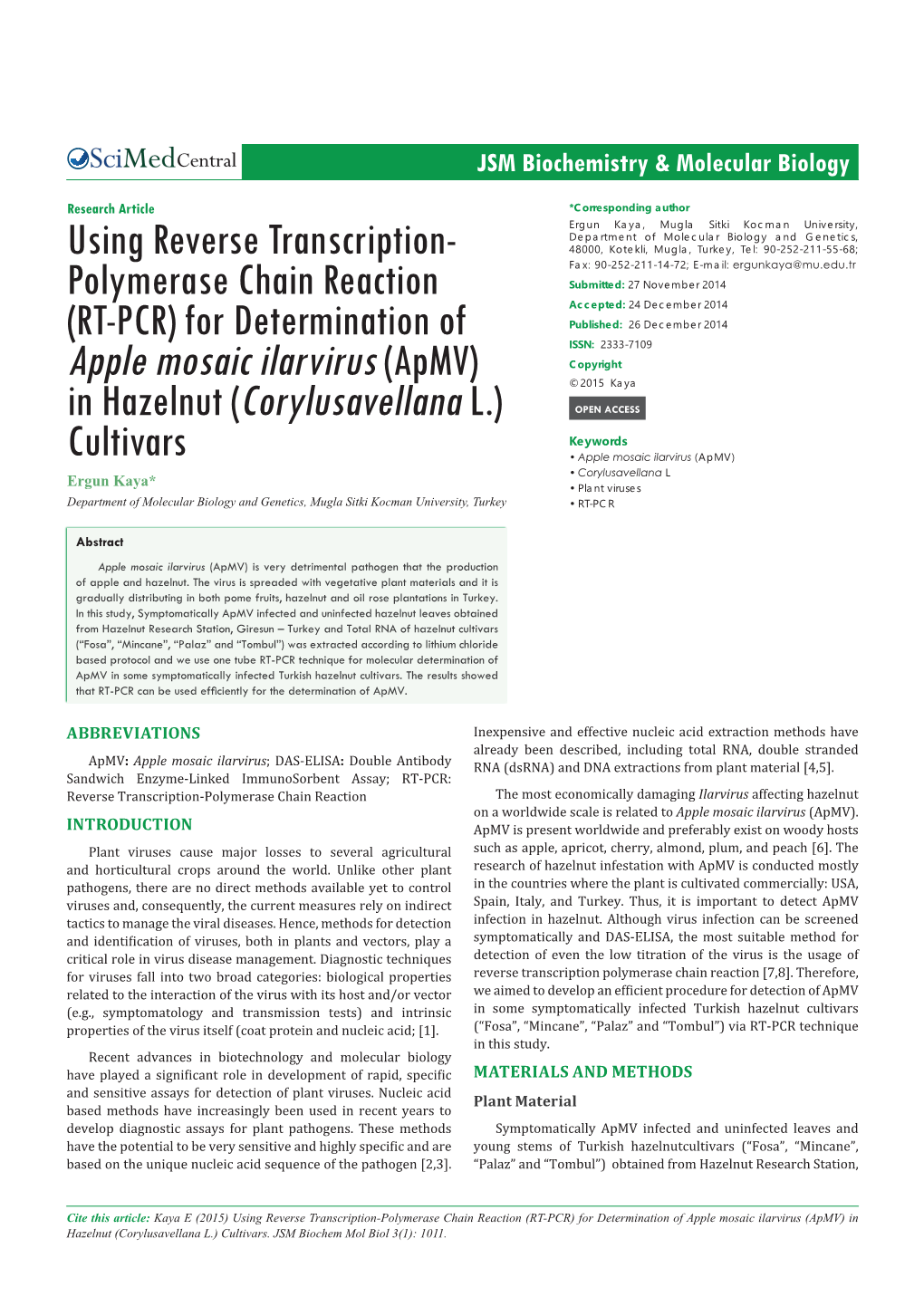 (RT-PCR) for Determination of Apple Mosaic Ilarvirus (Apmv) in Hazelnut (Corylusavellana L.) Cultivars