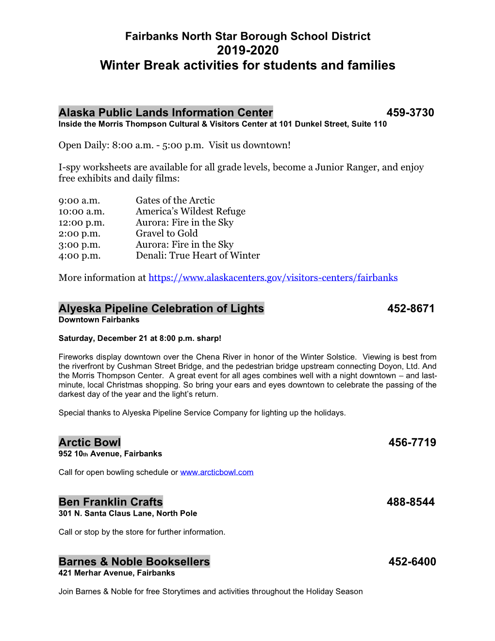 2019-2020 Winter Break Activities for Students and Families