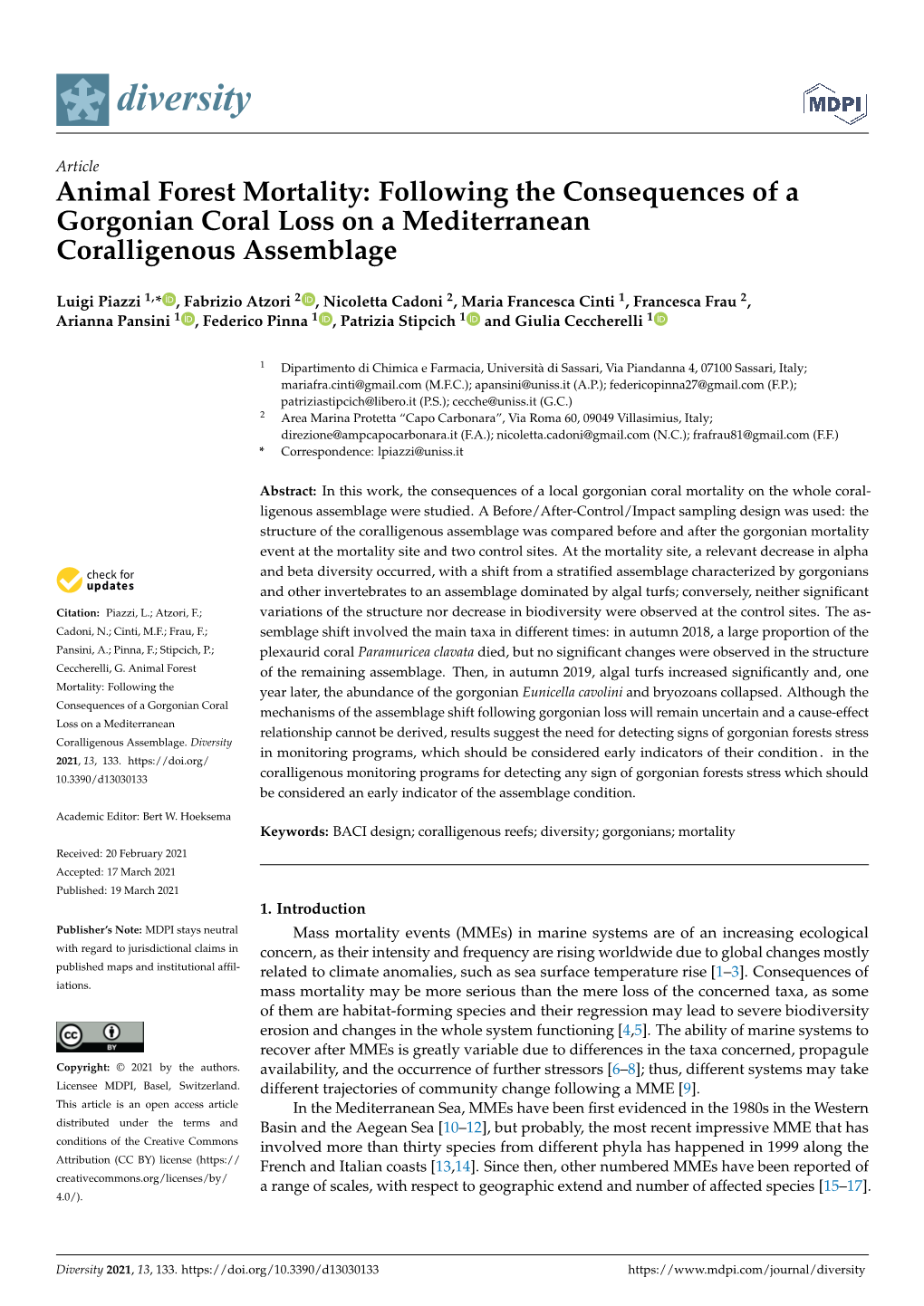 Following the Consequences of a Gorgonian Coral Loss on a Mediterranean Coralligenous Assemblage