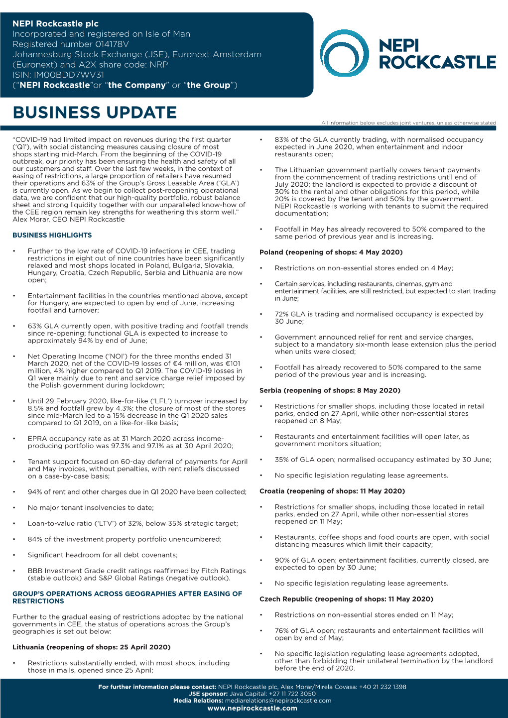 BUSINESS UPDATE All Information Below Excludes Joint Ventures, Unless Otherwise Stated