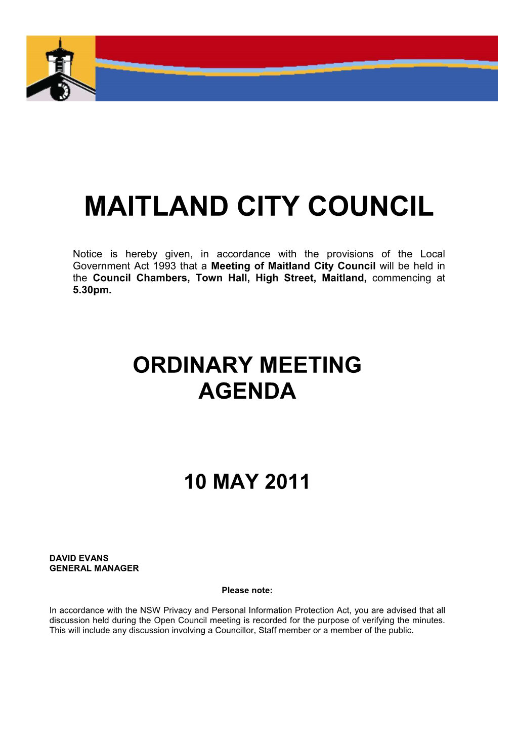 Ordinary Meeting Agenda 10 May 2011