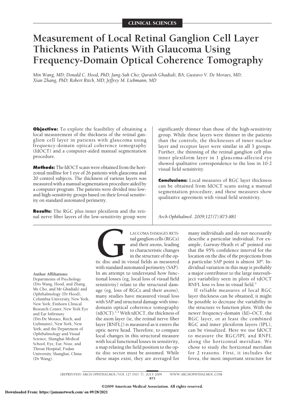 Measurement of Local Retinal Ganglion Cell Layer Thickness in Patients with Glaucoma Using Frequency-Domain Optical Coherence Tomography