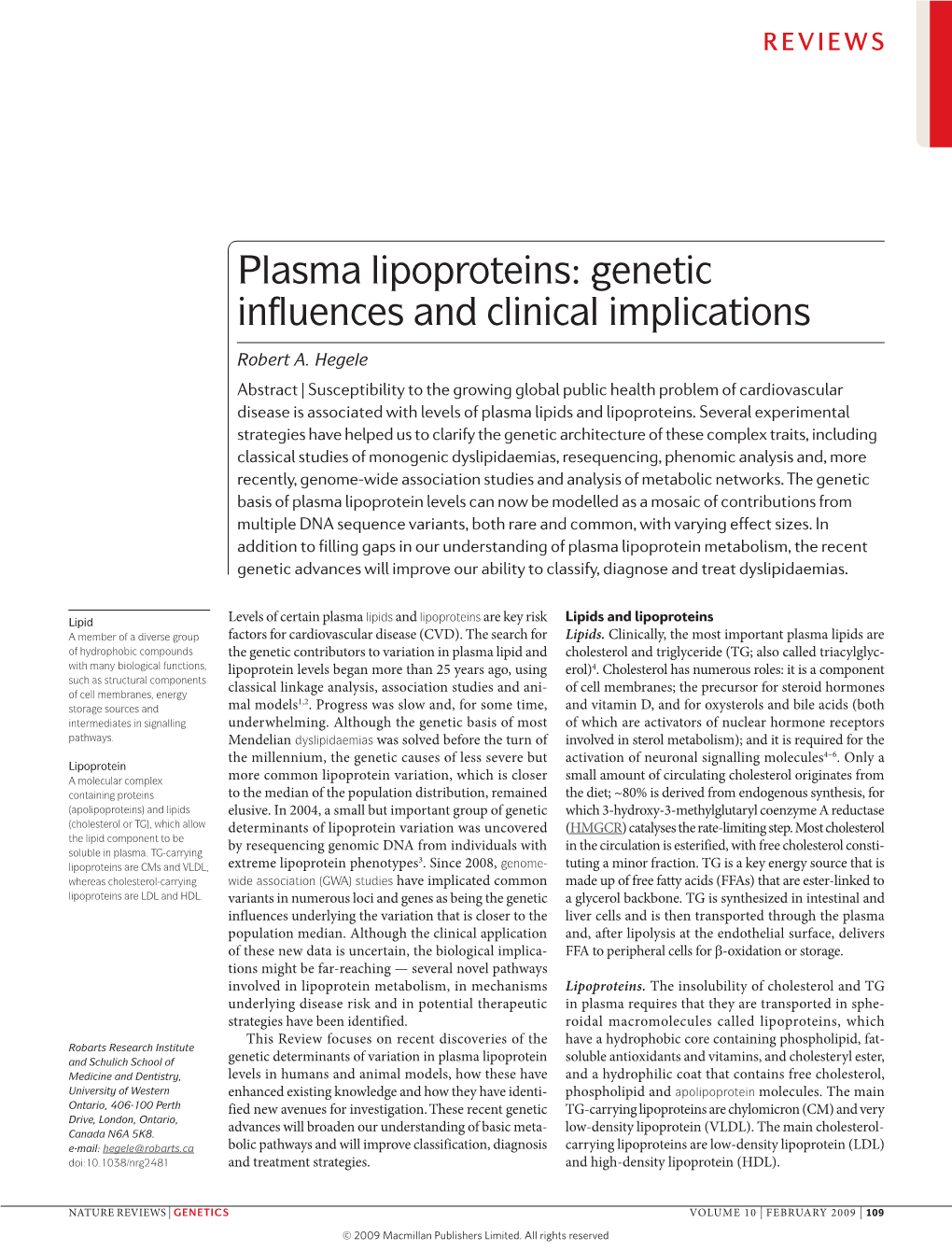 Plasma Lipoproteins: Genetic Influences and Clinical Implications