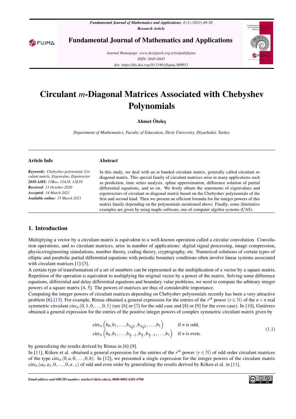 Circulant M-Diagonal Matrices Associated with Chebyshev Polynomials