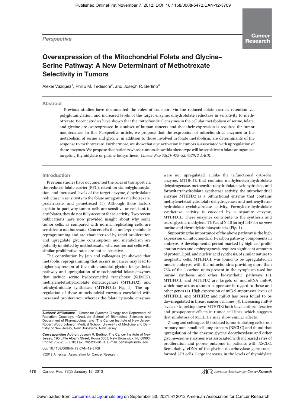 Overexpression of the Mitochondrial Folate and Glycine– Serine Pathway: a New Determinant of Methotrexate Selectivity in Tumors