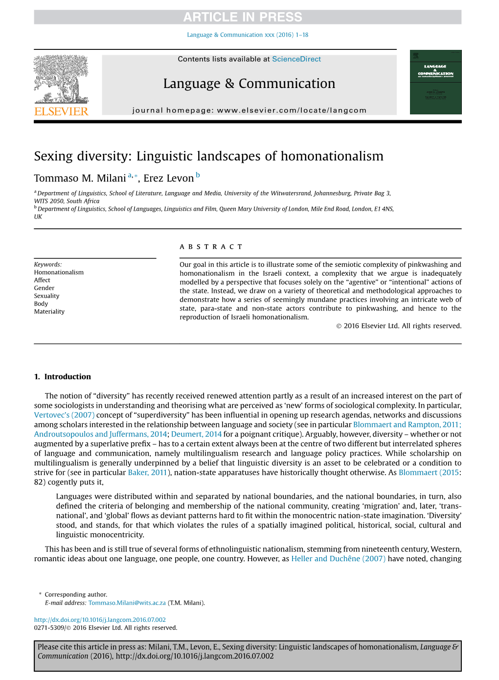 Sexing Diversity: Linguistic Landscapes of Homonationalism