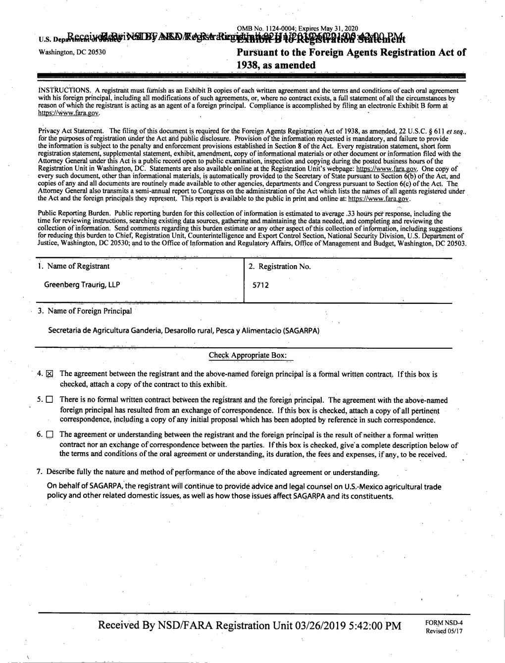 Pursuant to the Foreign Agents Registration Act of 1938, As Amended Received by NSD/FARA Registration Unit 03/26/2019 5:42:00 PM