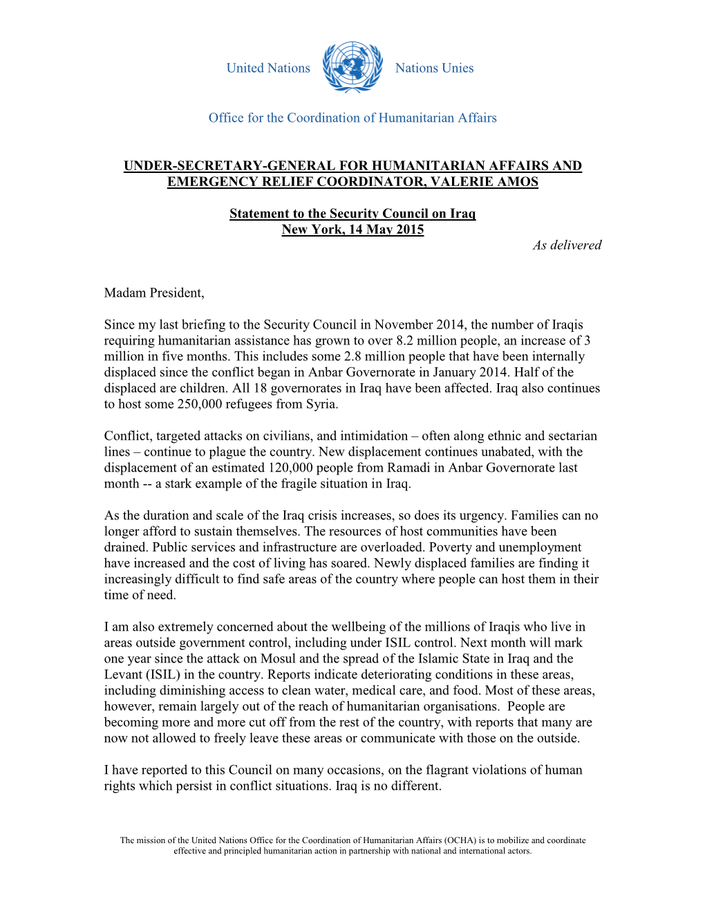 Statement to the Security Council on Iraq New York, 14 May 2015 As Delivered