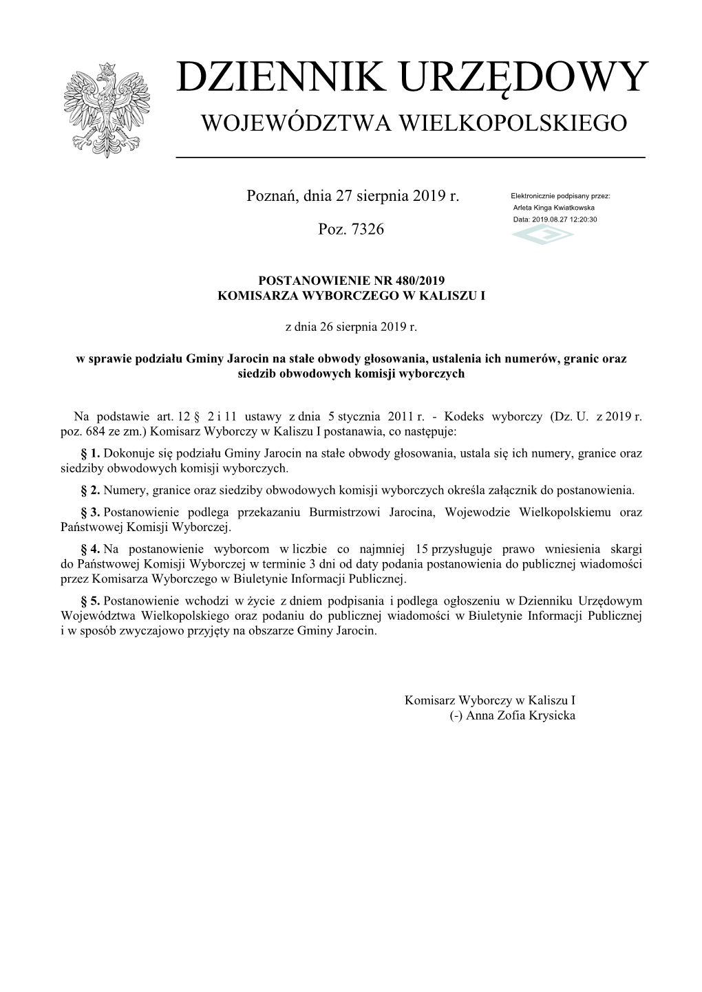 Postanowienie Nr 480/2019 Komisarza Wyborczego W Kaliszu I