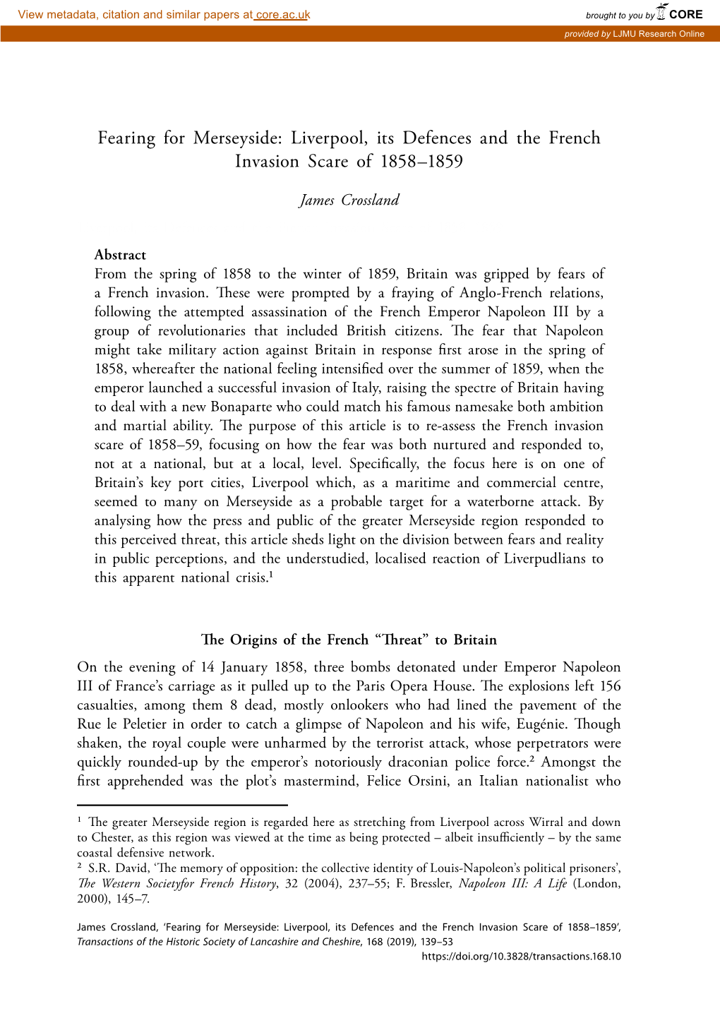 Liverpool, Its Defences and the French Invasion Scare of 1858–1859