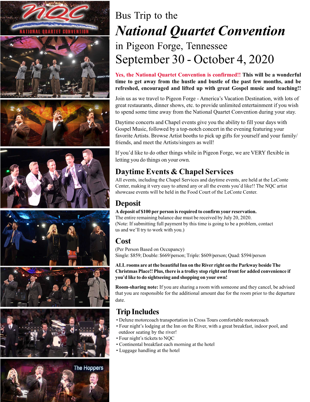 National Quartet Convention in Pigeon Forge, Tennessee September 30 - October 4, 2020