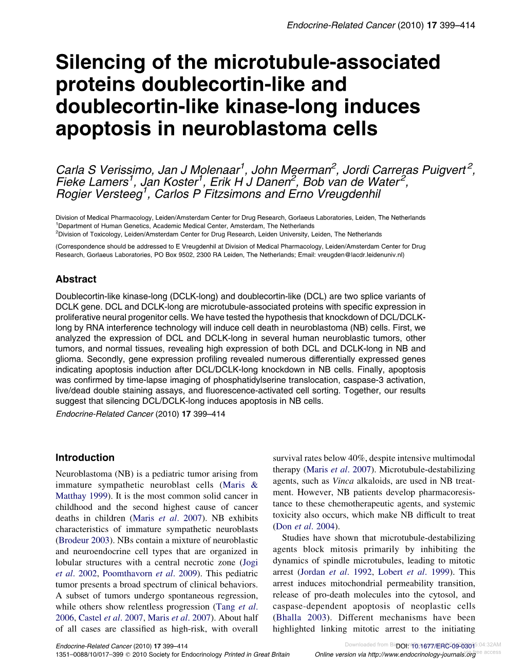 Silencing of the Microtubule-Associated Proteins Doublecortin-Like and Doublecortin-Like Kinase-Long Induces Apoptosis in Neuroblastoma Cells