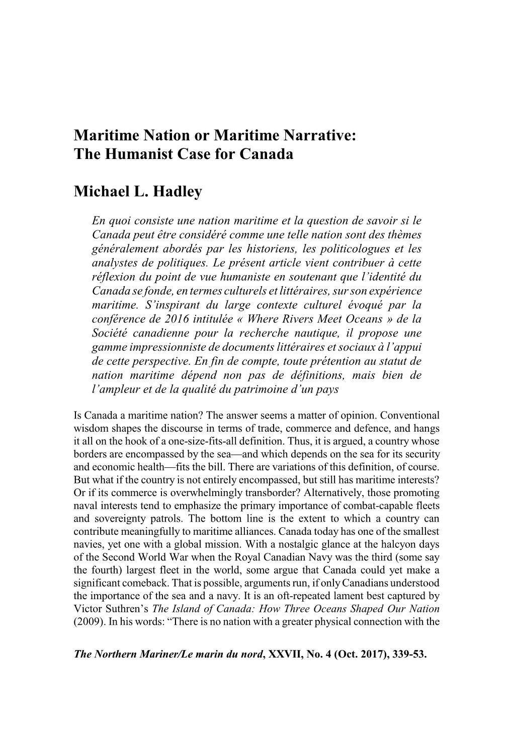 Maritime Nation Or Maritime Narrative: the Humanist Case for Canada