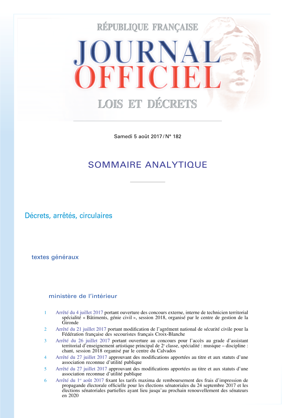 JOURNAL OFFICIEL DE LA RÉPUBLIQUE FRANÇAISE Sommaire