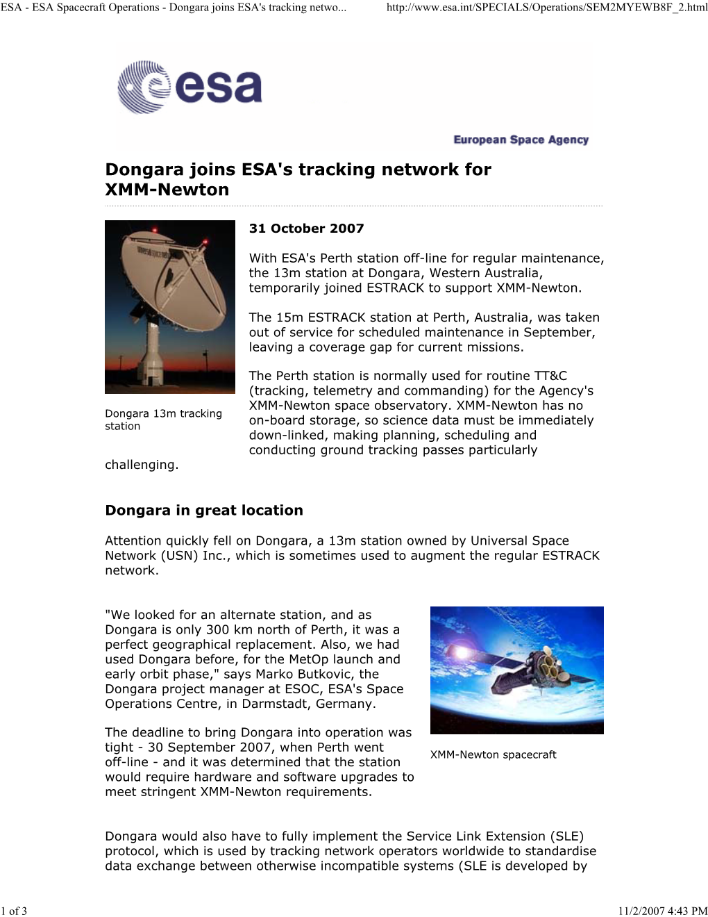 Dongara Joins ESA's Tracking Network for XMM-Newton