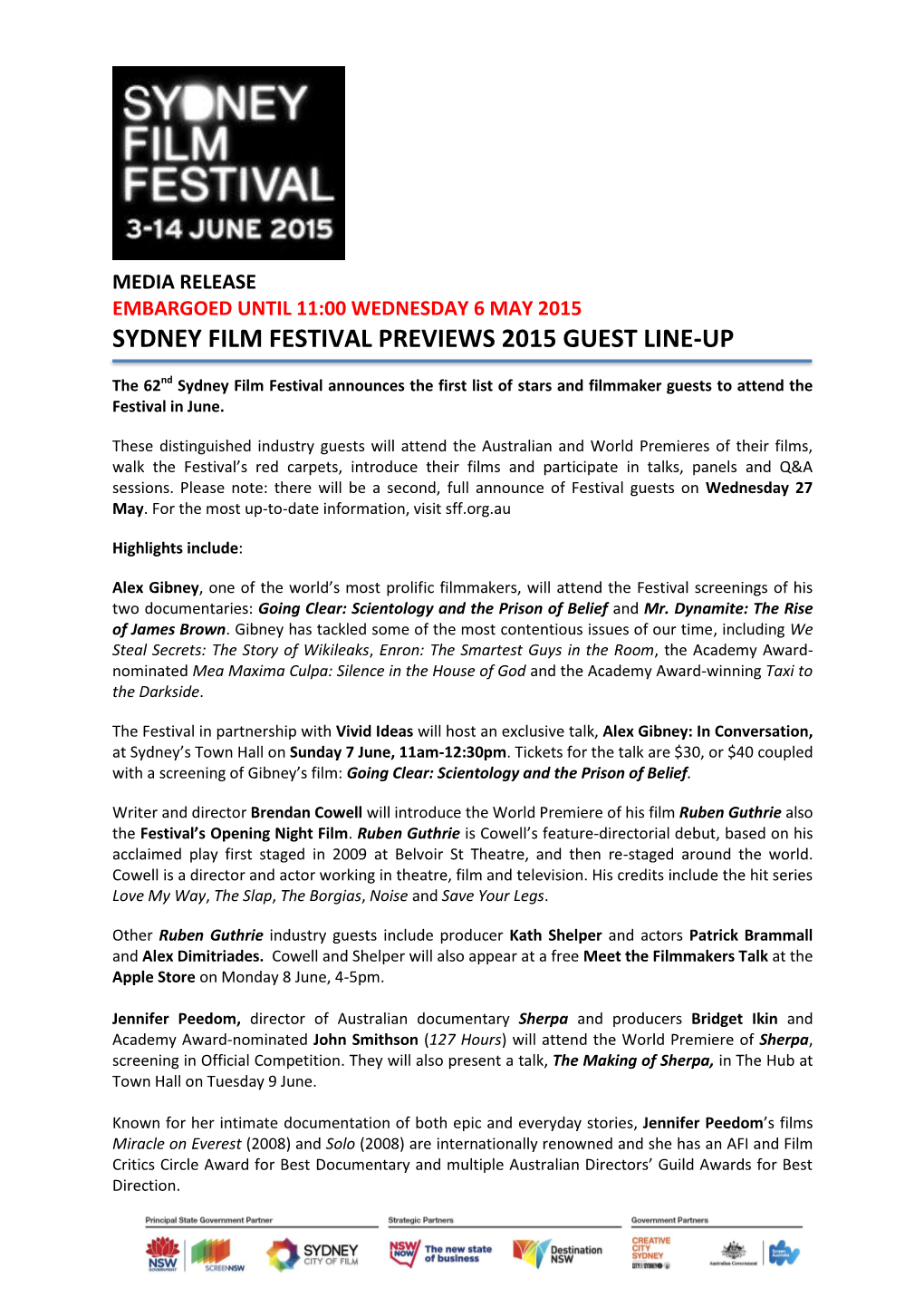 Sydney Film Festival Previews 2015 Guest Line-Up