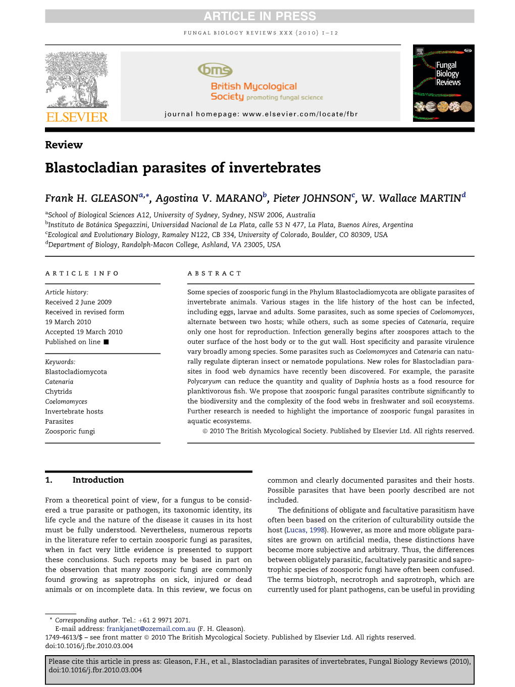 Blastocladian Parasites of Invertebrates