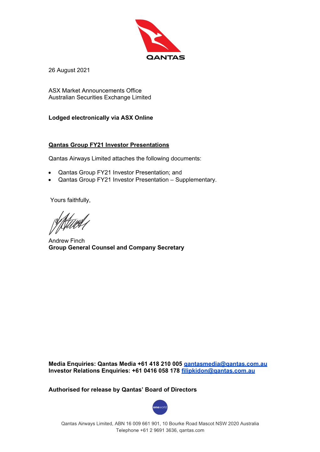 26 August 2021 ASX Market Announcements Office Australian Securities Exchange Limited Lodged Electronically Via ASX Online Qanta