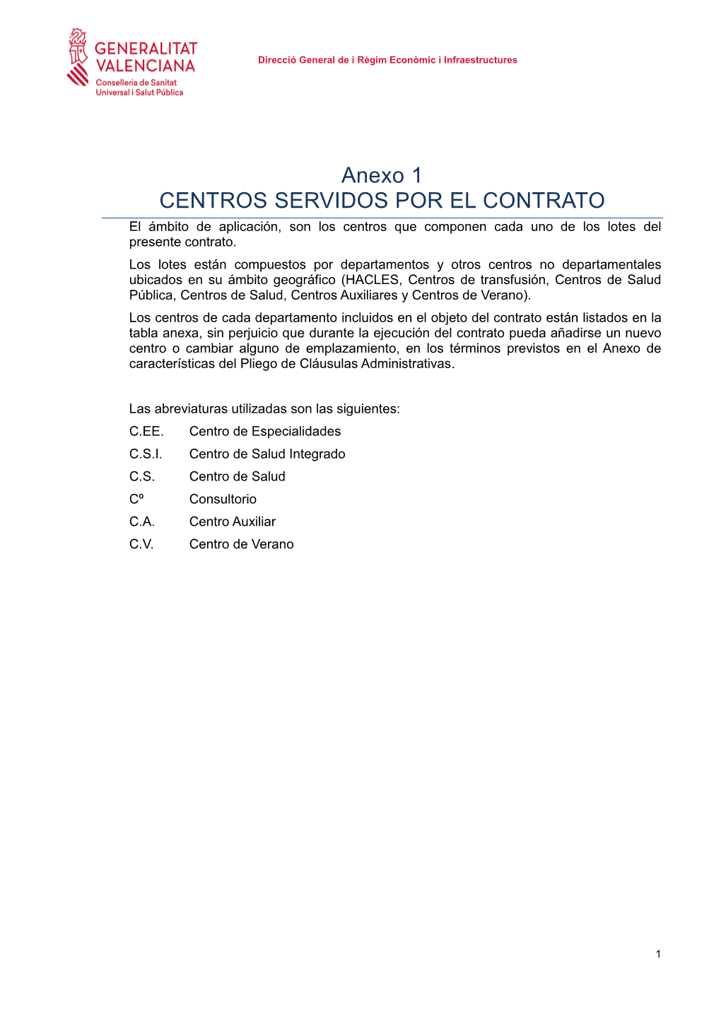 Anexo 1 CENTROS SERVIDOS POR EL CONTRATO El Ámbito De Aplicación, Son Los Centros Que Componen Cada Uno De Los Lotes Del Presente Contrato