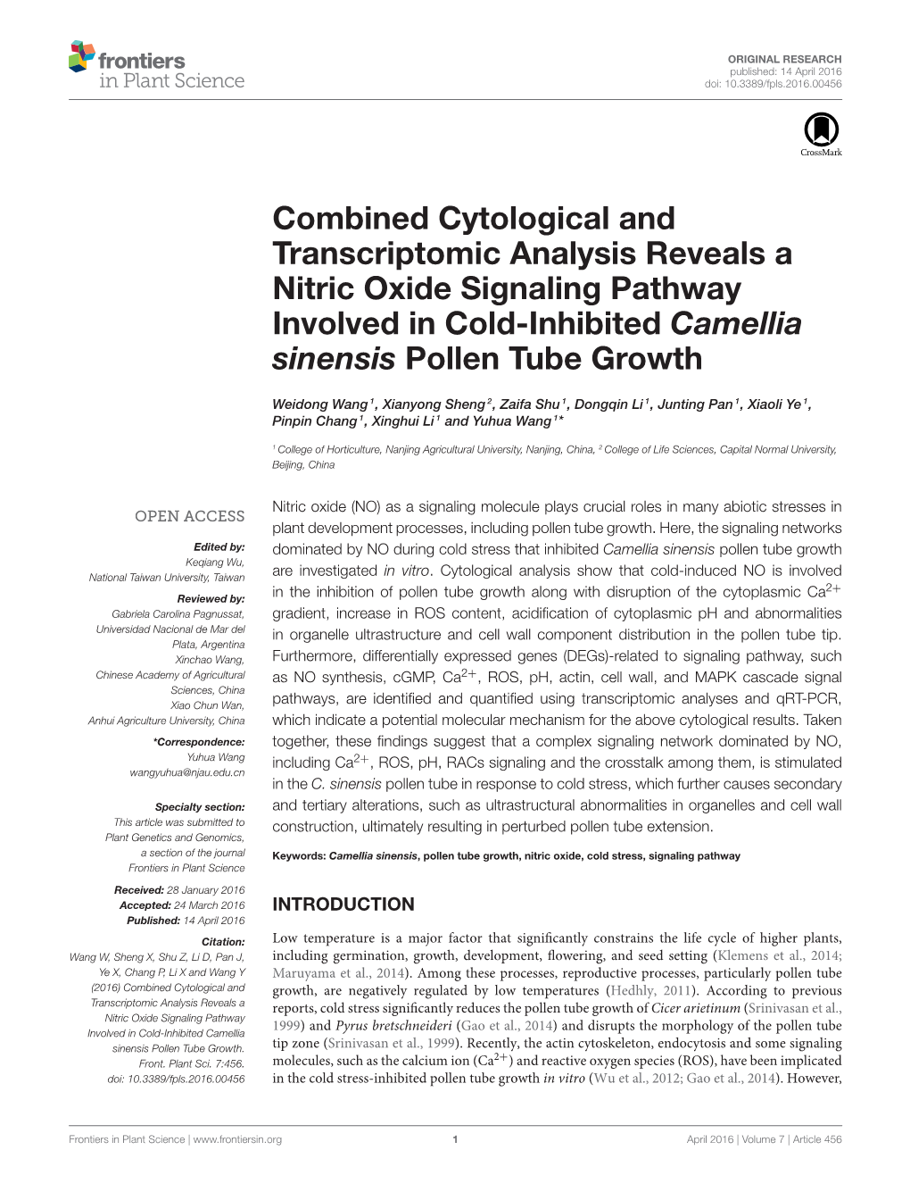 Combined Cytological and Transcriptomic Analysis Reveals a Nitric Oxide Signaling Pathway Involved in Cold-Inhibited Camellia Sinensis Pollen Tube Growth